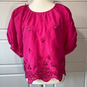 Anthropologie Hot Pink Embroidered Linen Blend Peasant Blouse Top Medium‎